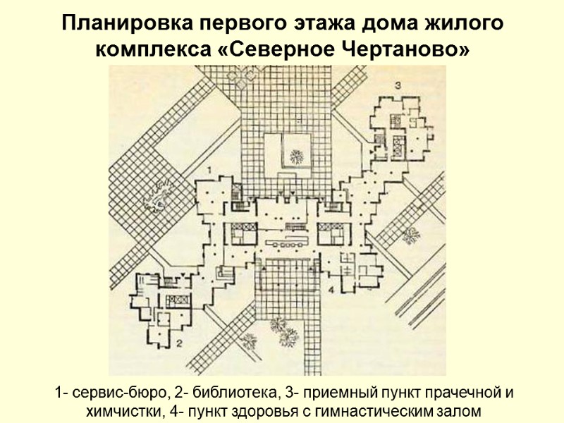 Планировка первого этажа дома жилого комплекса «Северное Чертаново» 1- сервис-бюро, 2- библиотека, 3- приемный